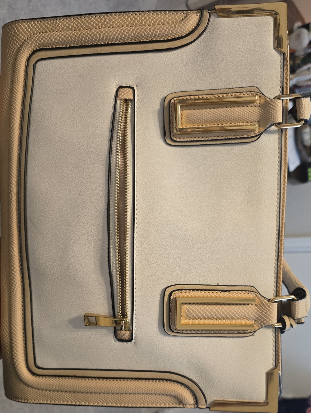 Aldo Cream and Tan Structured Tote with Gold Hardware